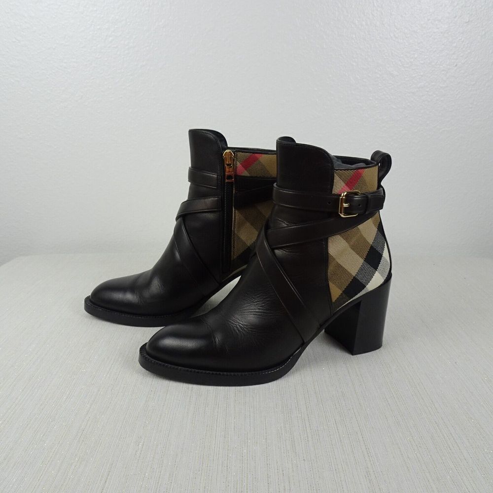 BURBERRY Women's Booties Vaughan Vintage Check & Leather Ankle Boots Heels 37 - Picture 3 of 14